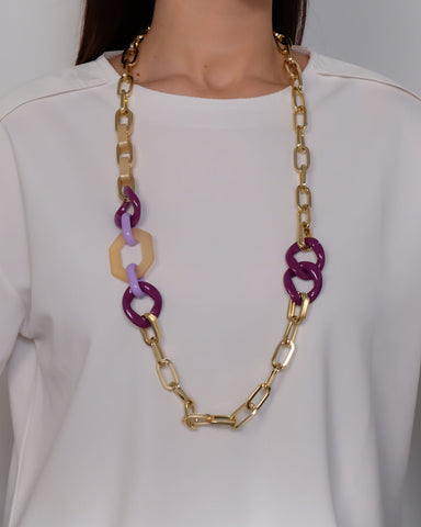 Collana in bronzo dorato con resina viola, lilla e crema
